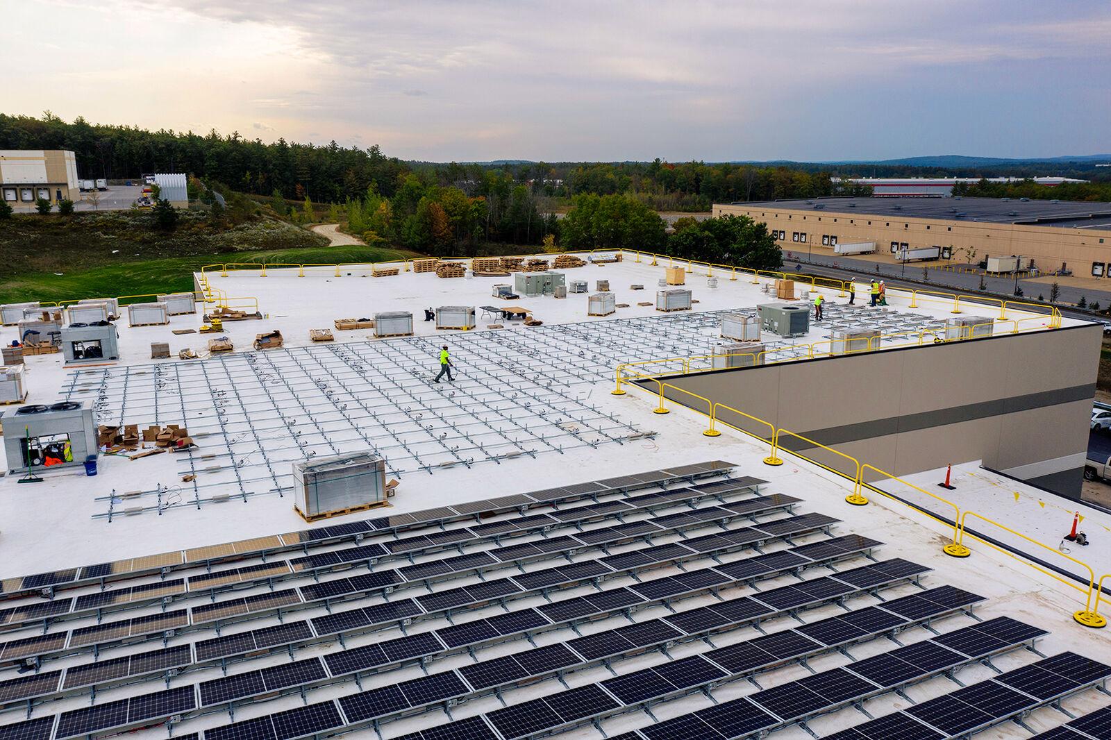 A Drone Shot Overlooking The Solar Installation On The Roof Of Bellavance Beverage Co.
